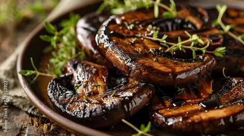 Grilled Portobello Mushrooms Garnished with Fresh Herbs on a Rustic Wooden Table © AounMuhammad