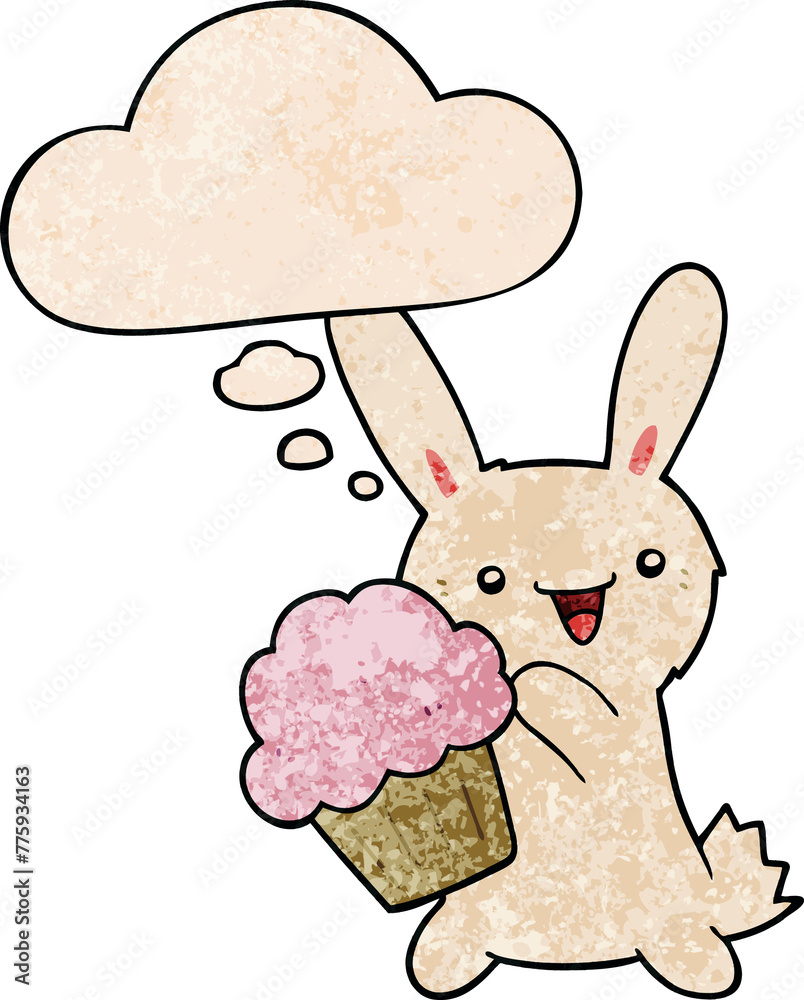 cute cartoon rabbit with muffin with thought bubble in grunge texture style cute cartoon rabbit with muffin with thought bubble in grunge texture style
