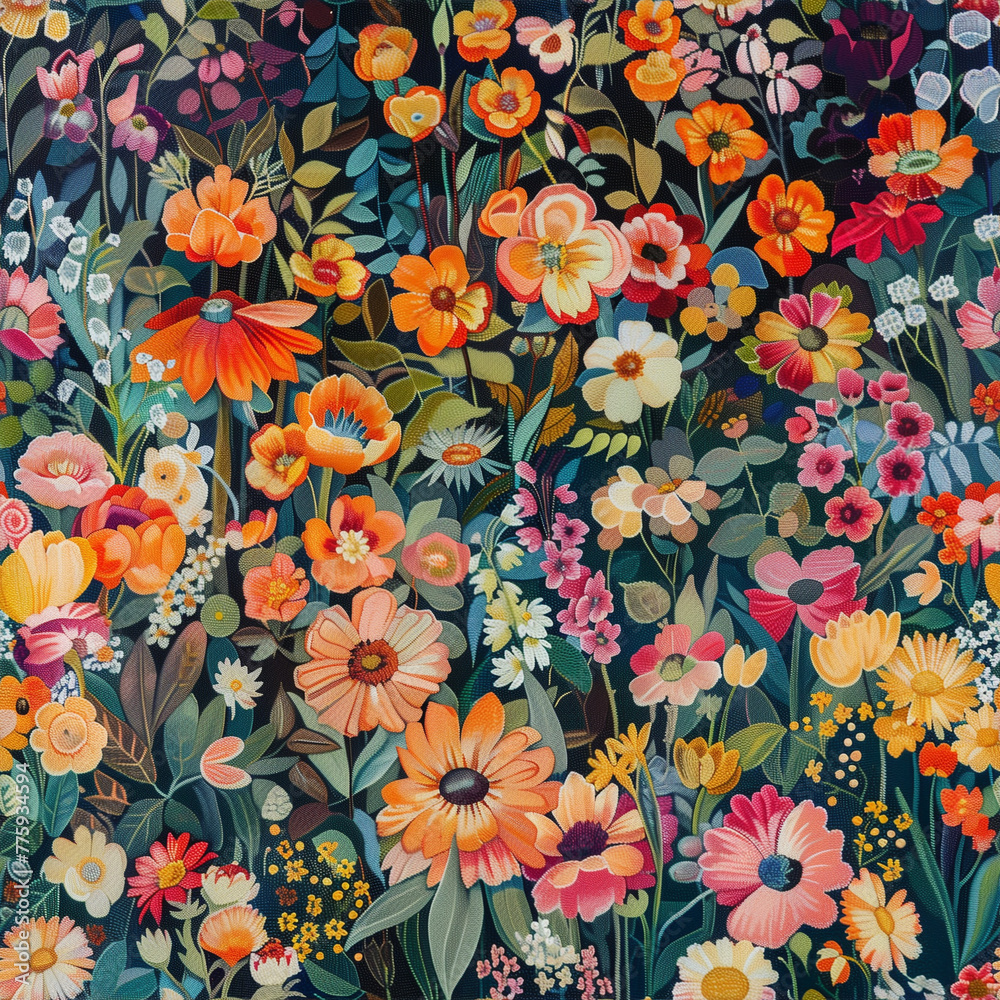 A colorful floral pattern with a variety of flowers including daisies