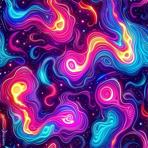 A colorful, abstract painting of swirling lines and shapes in a dark background