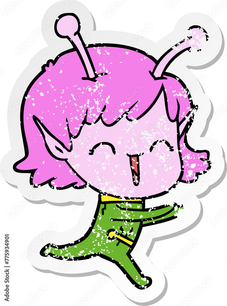 distressed sticker of a cartoon alien girl laughing distressed sticker of a cartoon alien girl laughing