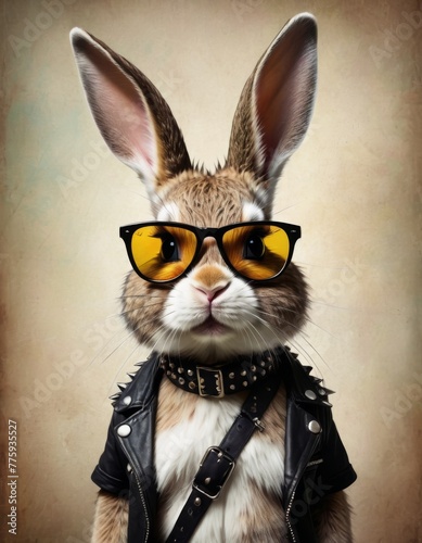 A whimsical image of a rabbit in sunglasses and a leather jacket  exuding a cool and edgy vibe with a humorous twist.