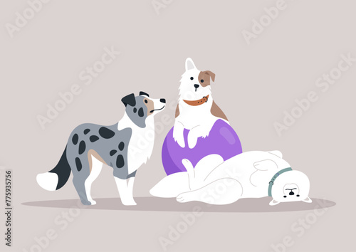 Frolicsome Canines and Their Purple Playtime Orb, Trio of dogs engaged in playful antics with a large purple ball