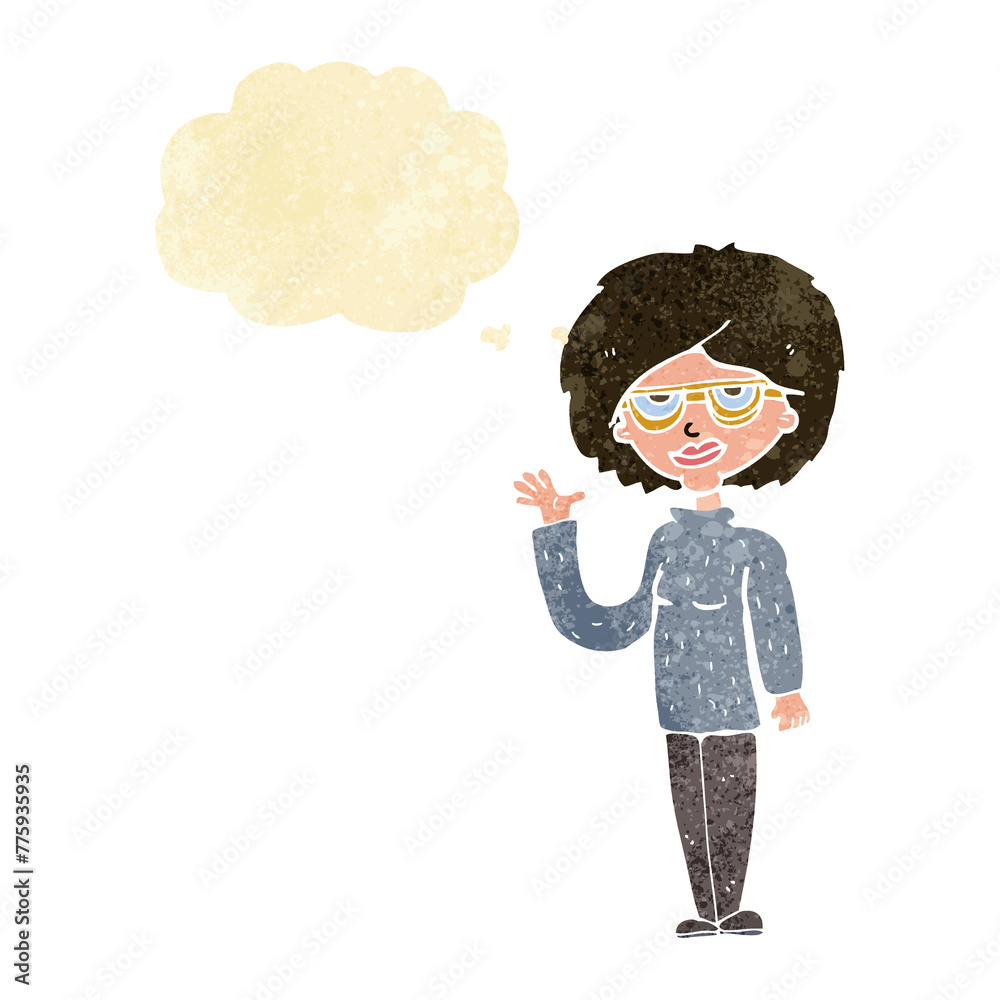 cartoon woman waving with thought bubble cartoon woman waving with thought bubble