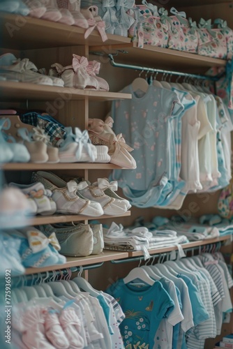 A variety of baby clothes and shoes displayed in a store. Perfect for showcasing children's fashion