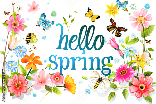 Hello Spring text lettering with bright meadow flowers and butterflies 