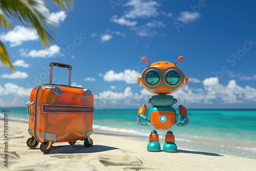 Happy robot tourist resting and relaxing with his suitcase standing in the seashore on beach