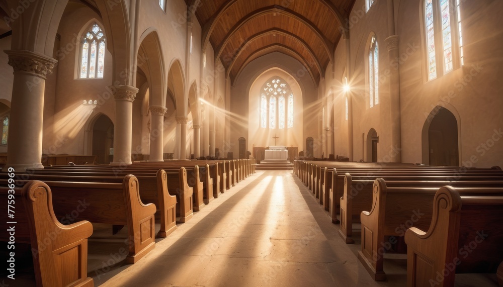 Sunlight streams through stained glass windows, bathing the wooden pews of a serene church interior in a divine glow, suggesting peace and spirituality