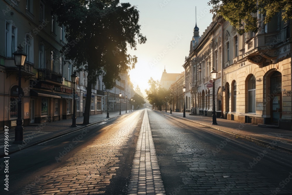 A peaceful sunset scene on a deserted street, suitable for various projects
