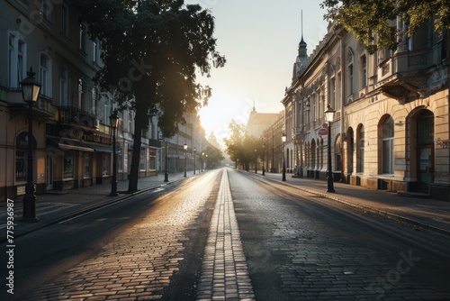 A peaceful sunset scene on a deserted street, suitable for various projects © Fotograf