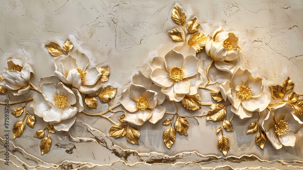 Light decorative texture of a plaster wall with voluminous decorative flowers and golden elements. - obrazy, fototapety, plakaty 