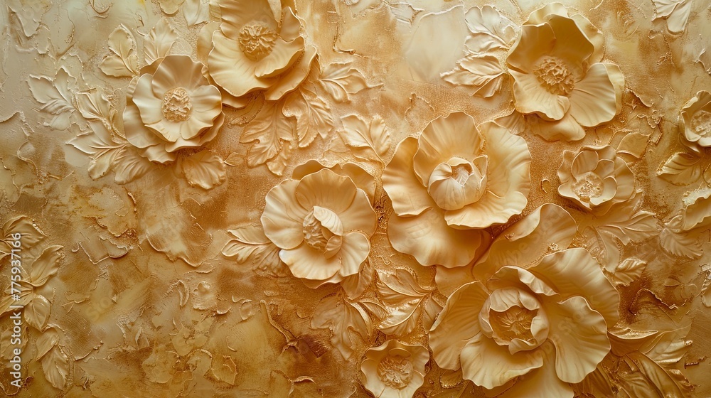 Naklejka premium Light decorative texture of a plaster wall with voluminous decorative flowers and golden elements.