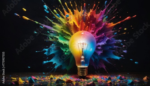 A vivid concept of a lightbulb exploding in a burst of rainbow colors against a dark background, symbolizing creativity