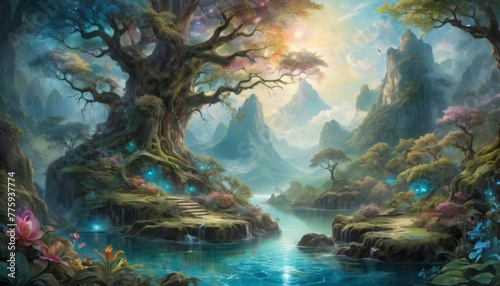 A mystical fantasy landscape with an ancient tree, magical flora, and distant mountains, suggesting a serene otherworldly realm.