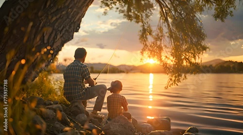 father is fishing with son in the river with a beautiful sun in the background photo