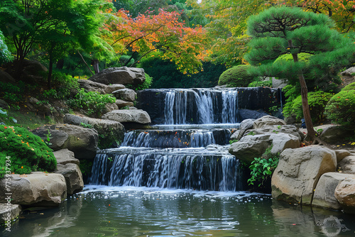 Gently Flowing Waterfall in a Secluded Zen Garden - wide