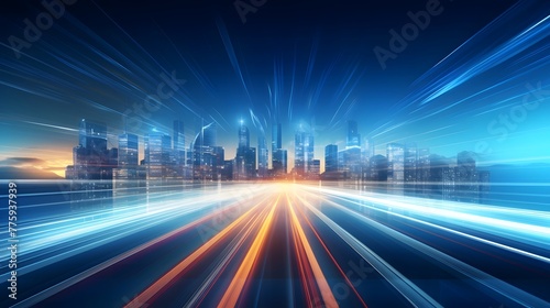 A city skyline with skyscrapers and flowing light trails. blurred motion effect. blue gradient sky, cityscape skyline in the style of urban technology.  For Design, Background, Cover, Poster, Banner, © horizon