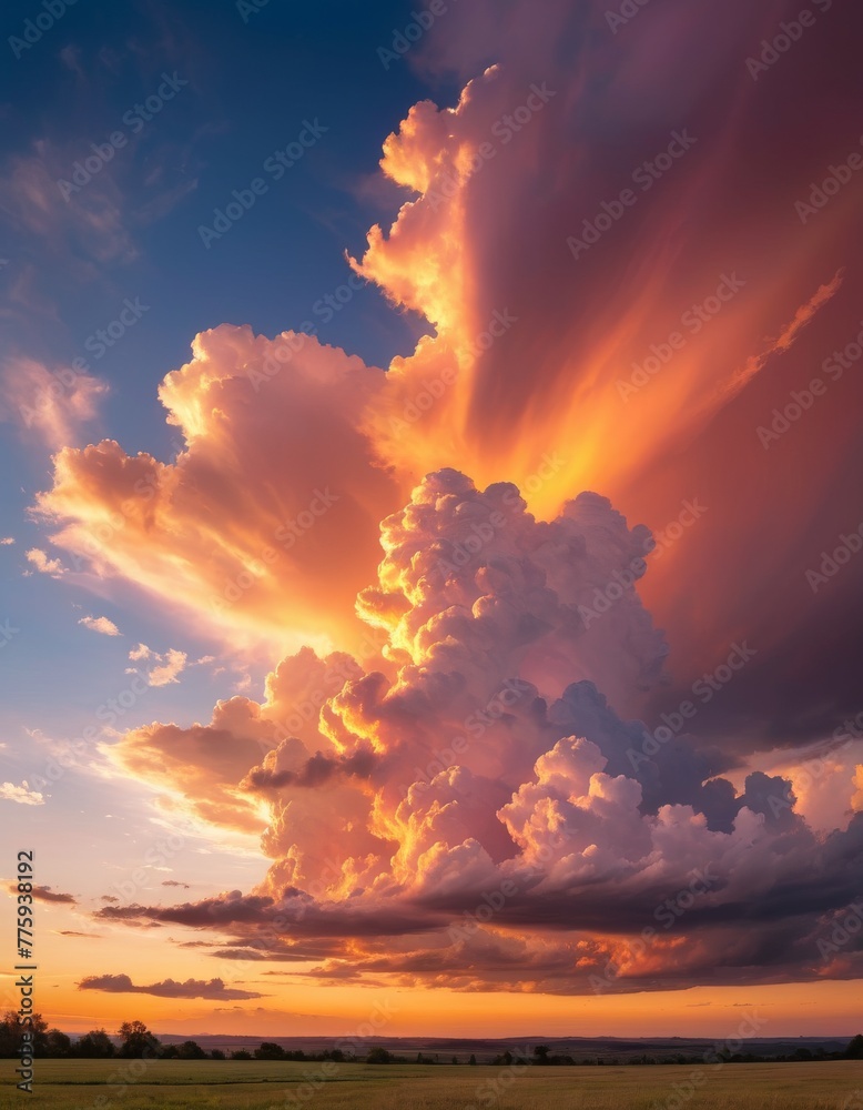 A breathtaking cloudscape illuminated by a sunset, with dramatic orange and pink hues casting a glow over the rural landscape.