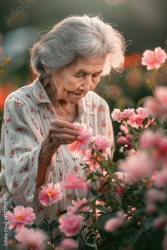 An older woman standing in a field of pink flowers. Suitable for nature or retirement concepts © Fotograf