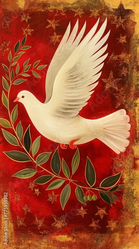 Red background with flying white dove of peace, olive branch and golden stars, elegant bird silhouette on red and gold painted wood, ancient traditional naive art painting