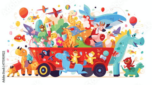 Red wagon with many toys illustration 2d flat carto