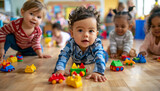 Group of Adorable Babies Playing Together with Colorful Toys on a Playroom Floor in the kindergarten