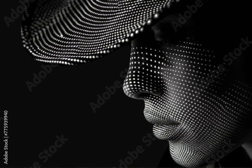 Minimalistic grayscale abstract close-up image of a woman's profile.  Silhouette of dots and particles. A beautiful graphic half-tone woman in hat portrait.  photo