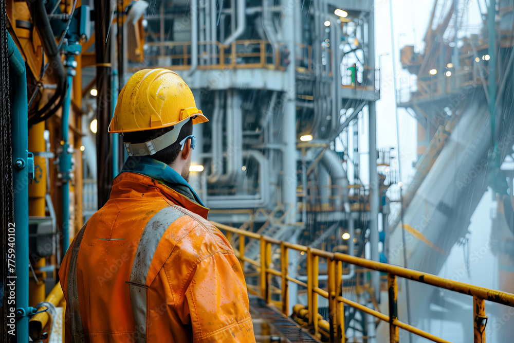unrecognizable Oil Industry Worker looking at High-Tech Processing Equipment on Oil Rig unrecognizable Oil Industry Worker looking at High-Tech Processing Equipment on Oil Rig