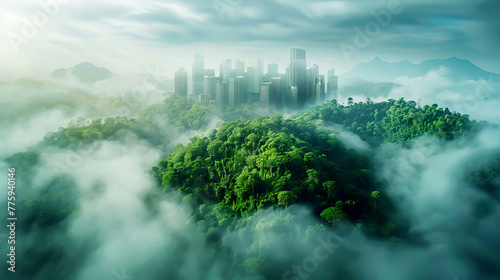 futuristic concept of sustainable ecological city with Misty Tropical dense forest and skyscrapers