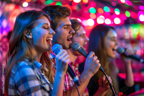 Group of Friends Singing Together in a Karaoke Bar with Colorful Lights