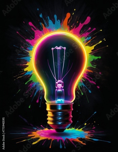 A vibrant illustration of a light bulb with dynamic splashes of neon colors against a dark background, symbolizing bright ideas and creativity