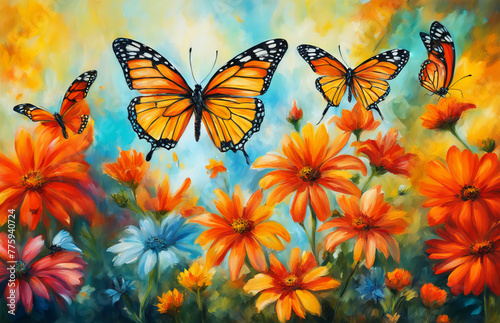 Monarch butterfly on bright wild gerbera flowers, oil painting, colorful summer background. © ss404045