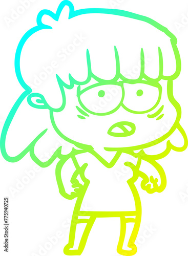 cold gradient line drawing of a cartoon tired woman