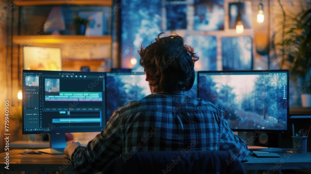 A man sitting at a desk with two computer monitors. Suitable for technology and office concepts