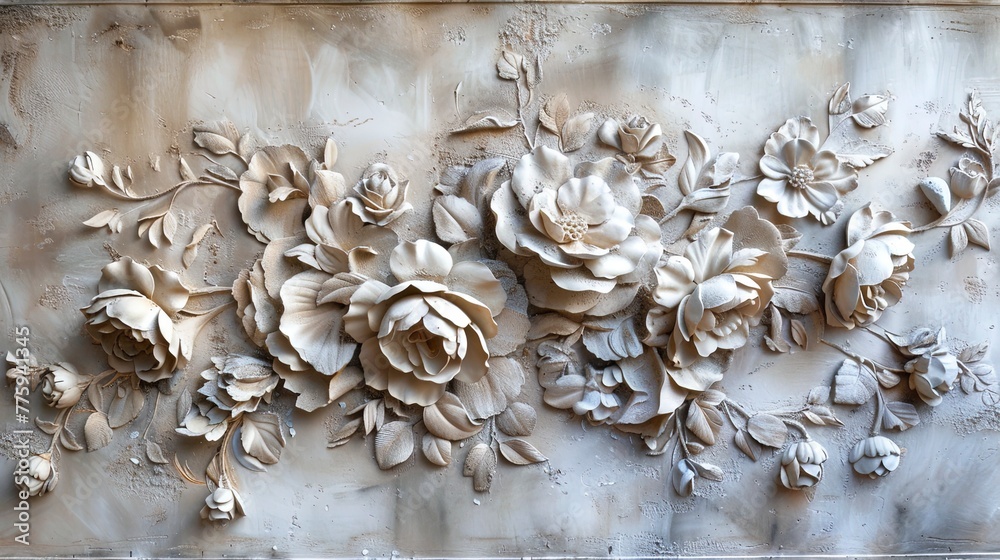 Light decorative texture of plaster wall with volumetric decorative flowers. - obrazy, fototapety, plakaty 