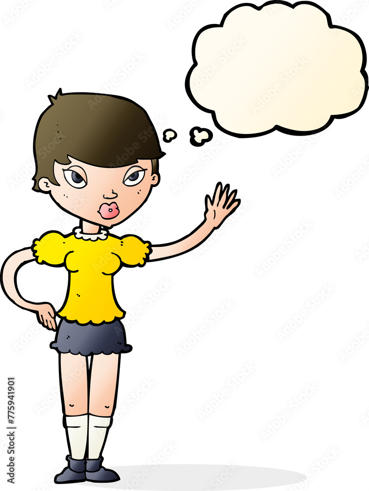 cartoon woman waving with thought bubble cartoon woman waving with thought bubble
