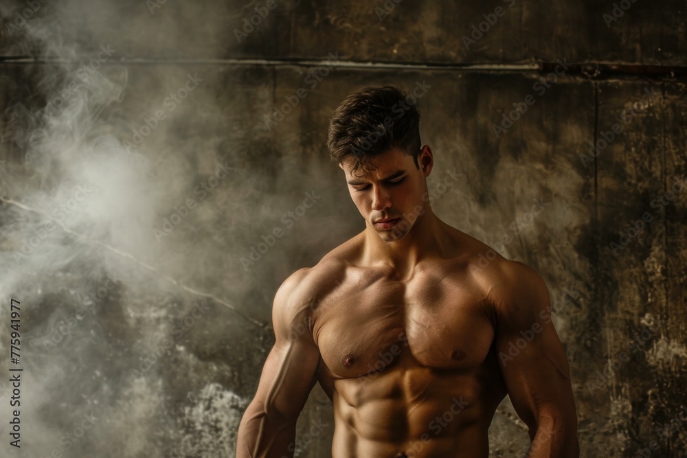 Brawny Muscular man. Muscle model chest. Generate Ai