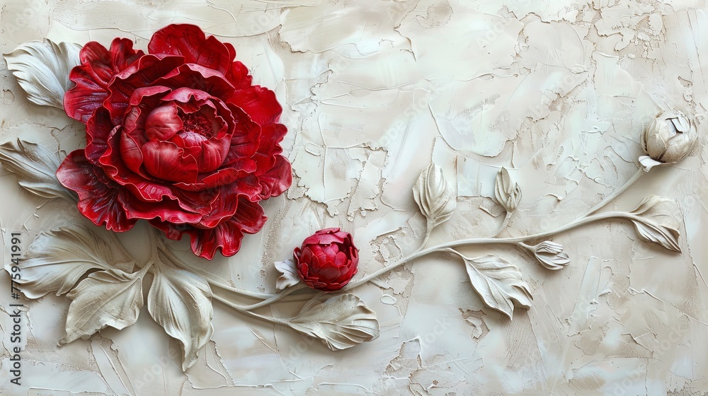 Red decorative volumetric peony flower on the background of a decorative wall. - obrazy, fototapety, plakaty 
