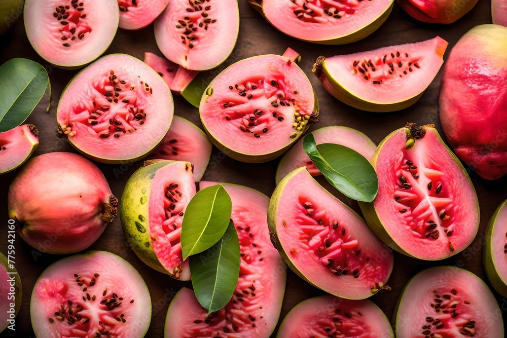 A sliced guava revealing its pink, fragrant flesh and seeds, showcasing its tropical essence. - obrazy, fototapety, plakaty 
