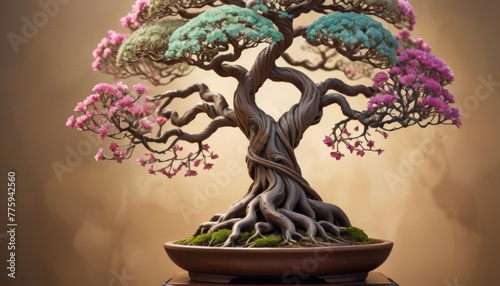 A meticulously crafted bonsai tree with intertwined branches featuring teal and pink blossoms against a soft  warm background  representing tranquility and growth.