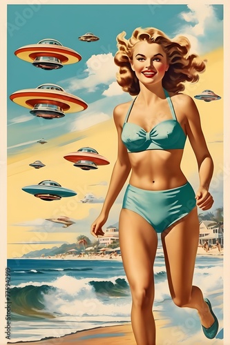 Woman on beach vacation running along the beach chased by UFO flying saucers across the sand. Vintage poster illustration of girl being chased by flying saucers on the beach.