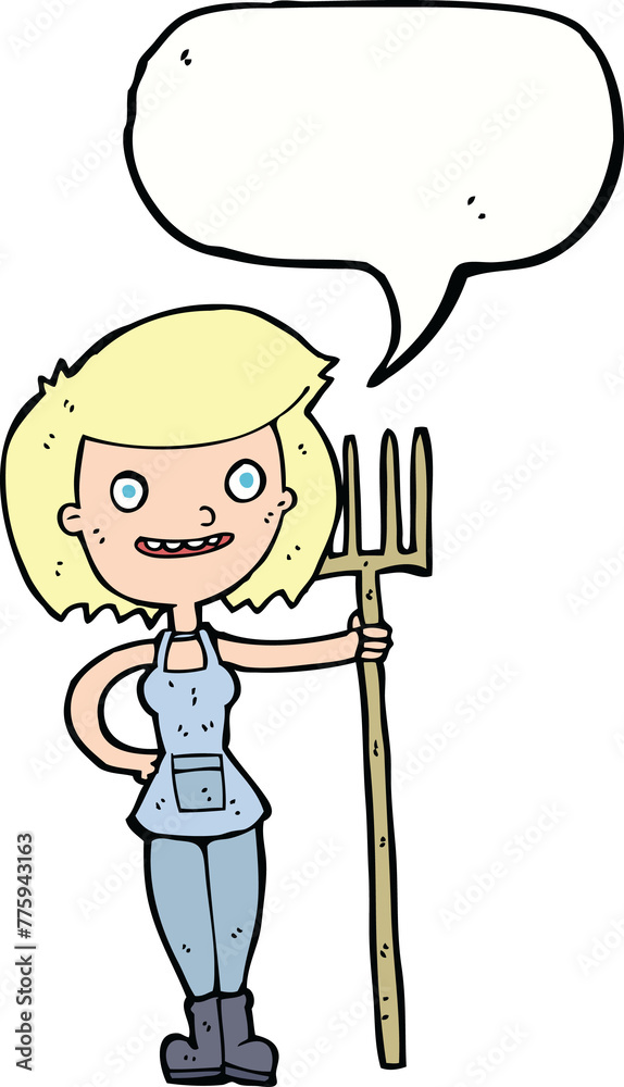 cartoon happy farmer girl with speech bubble cartoon happy farmer girl with speech bubble