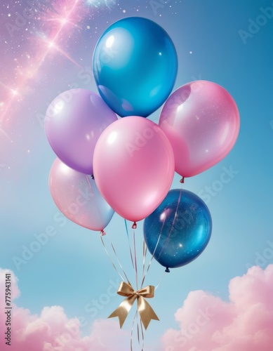 Colorful balloons tied with a golden bow floating against a backdrop of blue sky and fluffy clouds, evoking a sense of celebration