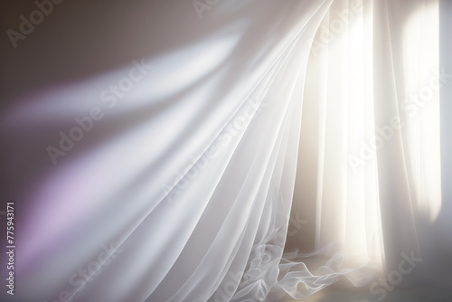 Sheer curtain white purple tulle drape in sunlight