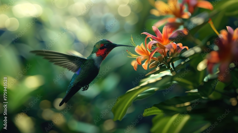 Fototapeta premium A beautiful hummingbird in flight, suitable for nature themes