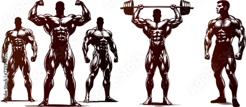 Gym bodybuilder Set Engraving Pen and Ink Vector Illustration
