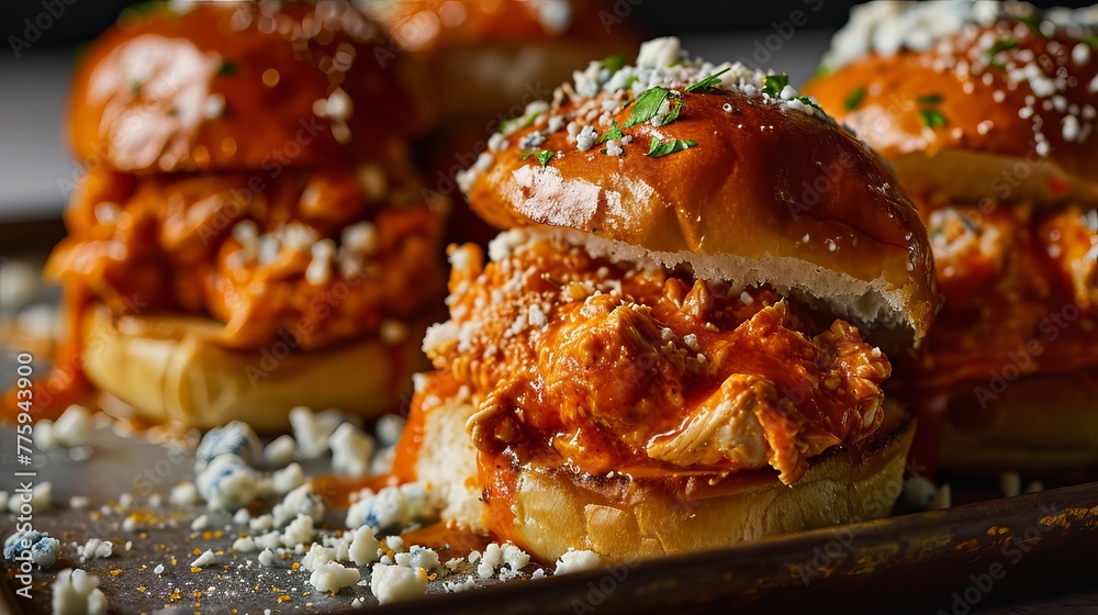 Delicious Buffalo Chicken Sliders with Blue Cheese and Parsley Garnish on a Rustic Tray Delicious Buffalo Chicken Sliders with Blue Cheese and Parsley Garnish on a Rustic Tray