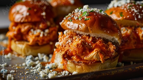 Delicious Buffalo Chicken Sliders with Blue Cheese and Parsley Garnish on a Rustic Tray