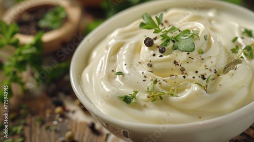 A white bowl filled with cream and herbs, perfect for food blogs and recipe websites