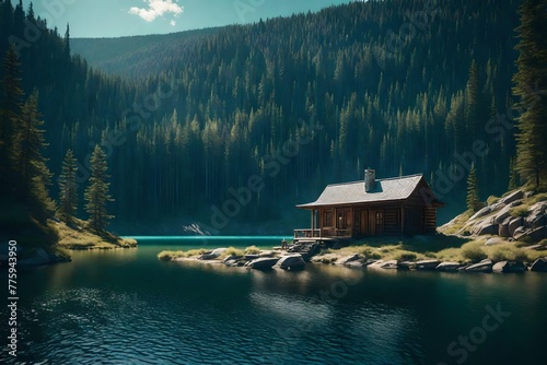 A serene lake surrounded by rocky cliffs, with a lone cabin nestled on the shore, offering a picturesque retreat.
